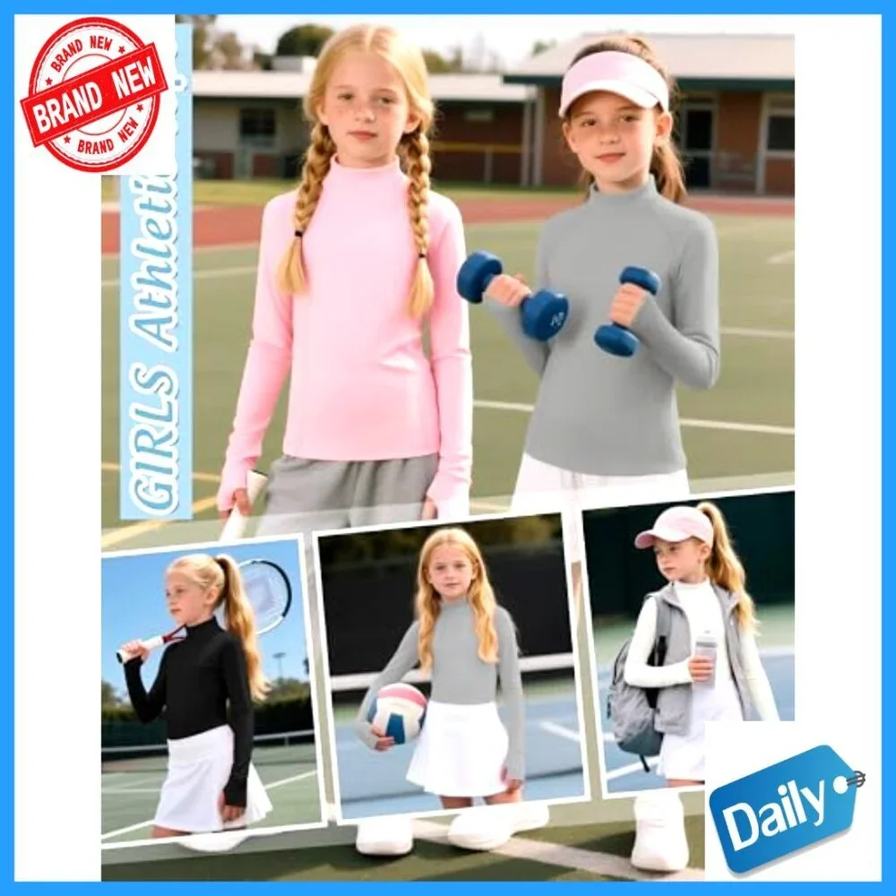 Girls Long Sleeve Mock Neck Athletic Shirts 4-Pack Thumbhole Activewear